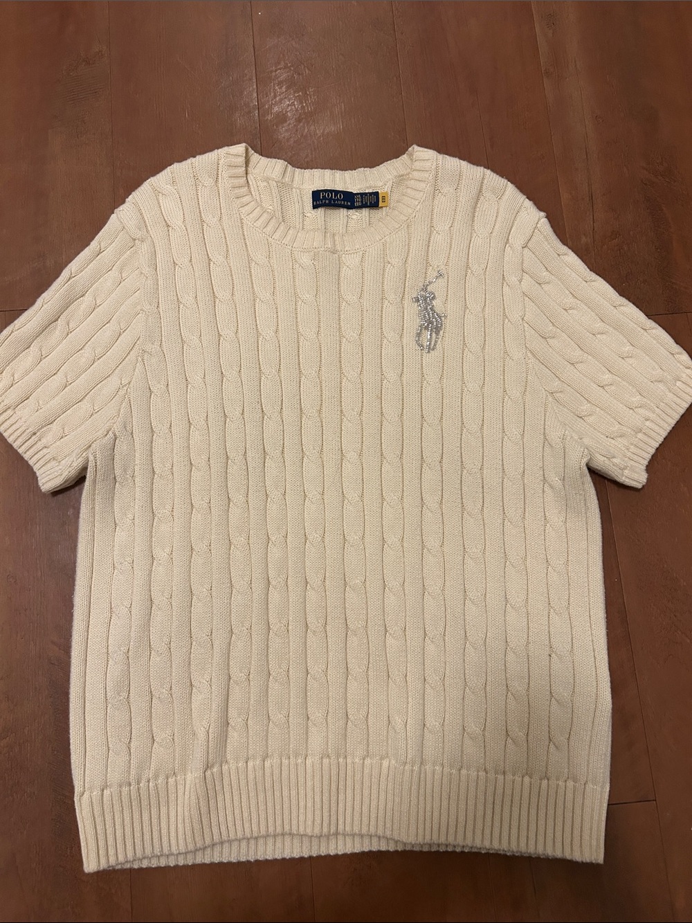 Polo by Ralph Lauren Cream Beaded Polo Horse Cable-Knit Sweater